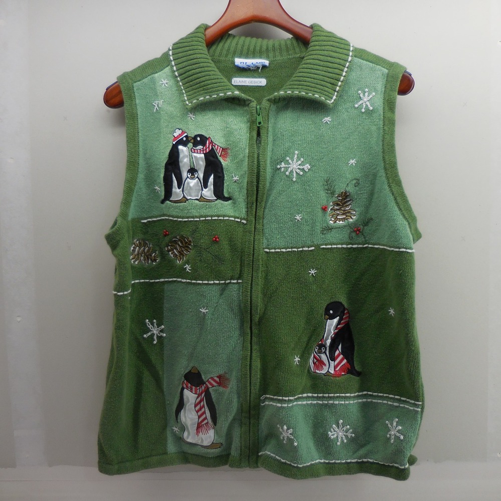 Blair Womens Penguin Sweater Vest Green Full Zip Holiday Winter Embroidered M